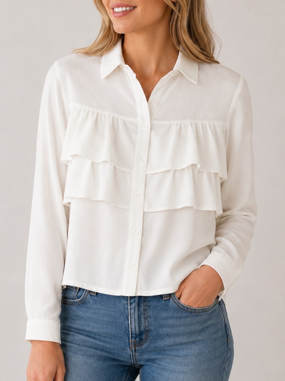 Miki White Ruffle Button Front Blouse Romantic 3/4 Sleeve Size Small